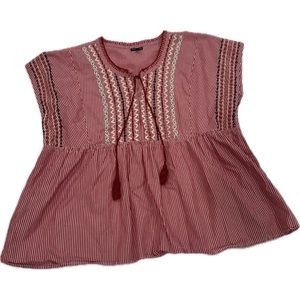 HANNAH - Red & White Striped Embroidered Blouse Tassel Tie Babydoll Top SIZE XL
